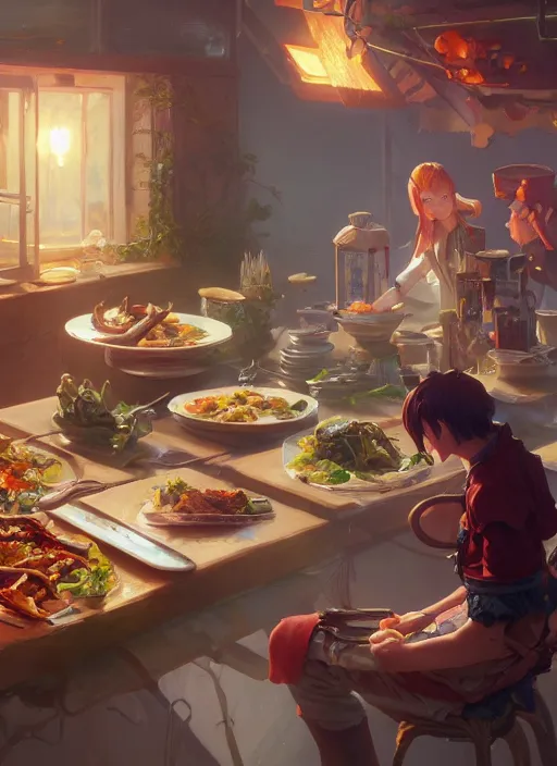 Image similar to highly detailed food wars, stephen bliss, unreal engine, fantasy art by greg rutkowski, loish, rhads and lois van baarle, ilya kuvshinov, rossdraws, tom bagshaw, alphonse mucha, global illumination, detailed and intricate environment