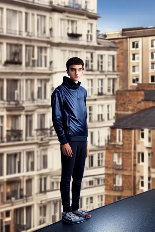 Image similar to un ultra high definition studio quality photographic art portrait of a young man standing on the rooftop of a british apartment building wearing soft padded silver pearlescent clothing. three point light. extremely detailed. golden ratio, ray tracing, volumetric light, shallow depth of field. set dressed.