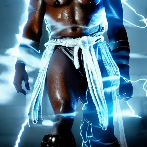 Image similar to kanye west as zeus!!!, god of thunder, greek god, white robe, thunderbolt, in mortal kombat, gears of war, mythology, fantasy, detailed face, splash art, movie still, cinematic lighting, dramatic, octane render, long lens, shallow depth of field, bokeh, anamorphic lens flare, 8 k, hyper detailed, 3 5 mm film grain