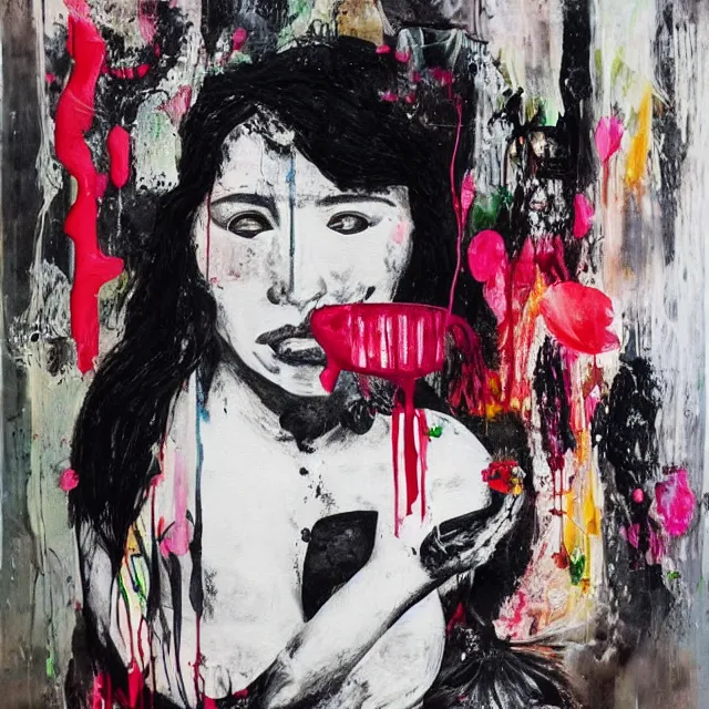 Image similar to “ a portrait in a female art student ’ s apartment, sensual, a pig theme, art supplies, paint tubes, ikebana, herbs, a candle dripping white wax, black walls, squashed berries, berry juice drips, acrylic and spray paint and oilstick on canvas, surrealism, neoexpressionism ”