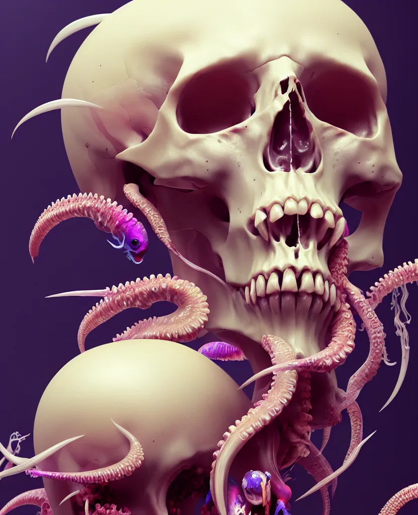 Image similar to goddess close - up portrait human skull, ram skull, squid phoenix jellyfish, orchid, betta fish, bioluminiscent, intricate artwork by tooth wu and wlop and beeple. octane render, trending on artstation, greg rutkowski very coherent symmetrical artwork. cinematic, hyper realism, high detail, octane render, 8 k