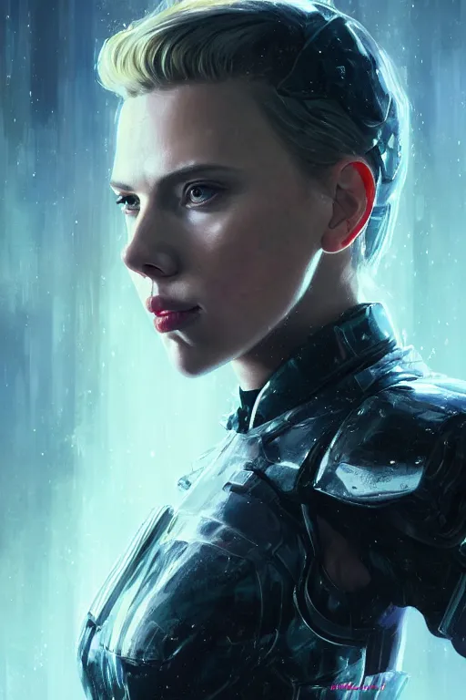 Prompt: a fancy portrait of a Scarlett Johansson wearing sci-fi armour by Greg Rutkowski, Sung Choi, Mitchell Mohrhauser, Maciej Kuciara, Johnson Ting, Maxim Verehin, Peter Konig, final fantasy , mythical, 8k photorealistic, cinematic lighting, HD, high details, atmospheric,