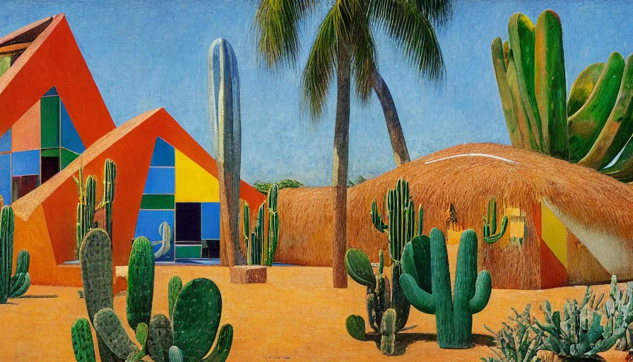 Prompt: 1 9 9 8 brazilian nordeste house designed by arthur bispo do rosario, jules bastien - lepage, tarsila do amaral, frank weston and gustave baumann, trending on artstation, mediterranean, cactus and broken mirrors, sharp focus, colorful refracted sparkles and lines, soft light, 8 k