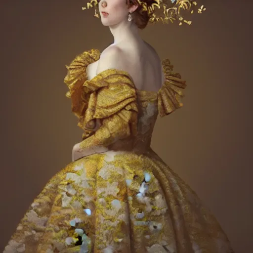 Image similar to 8k, octane render, realism, tonalism, renaissance, rococo, baroque, portrait of a young lady wearing ruffle sleeve dress with flowers and skulls looking to the side background chaotic gold leaf flowers