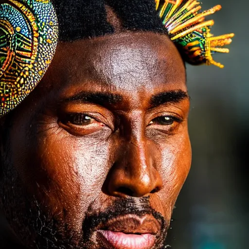 Prompt: african version of nicolas cage wearing tribal clothing close up heavy bokeh looking to lens