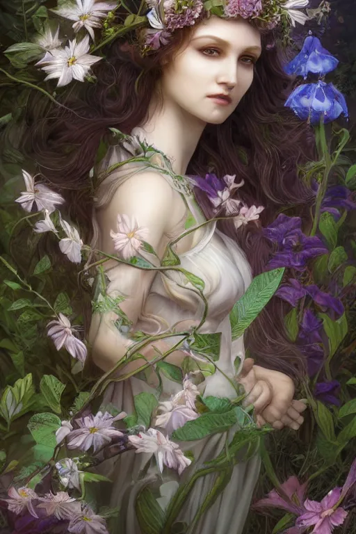 Image similar to a portrait of a beautiful elvish goddess with beautiful flowers composition in her hairs, hairs shining , fairy-like , 8k, highly detailed, sharp focus, ethereal clothes, astral environment, in style of Anna Dittmann and Mark Arial and Artgerm and Gerald Brom