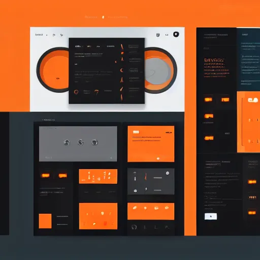 Image similar to modern UI/UX icons for an artistic website, black and orange colour palette, layout design, template sheet