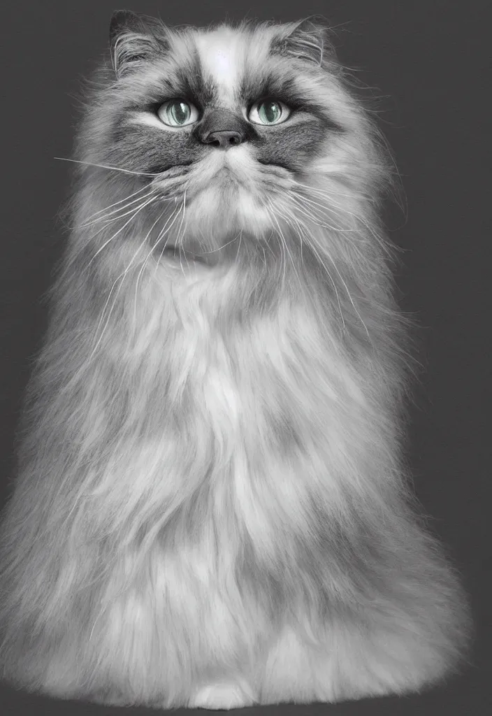 Image similar to longhair floof fluffy coiffed groom elegant gorgeously cfa champion cute pretty scottish fold cat, radiant sigma 3 5 mm f / 8 detailed painting, grisaille dark monochrome with neon fluorescent color airbrush spraypaint accents, by jules julien, wes anderson, lisa frank, octane render 4 k