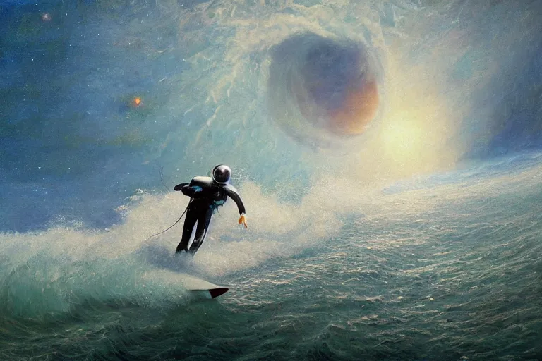 Prompt: an astronaut surfing waves in Jupiter ocean, beautiful, national geographic, very detailed, astrophotography, oil painting, canvas, Sandra Pelser, Jeff Lyons, Albert Bierstadt