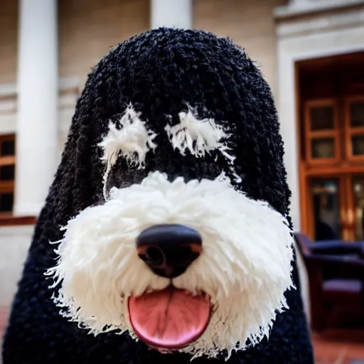 Image similar to a closeup photorealistic photograph of a cute smiling knitted bernedoodle judge dog dressed in a black gown, presiding over the courthouse. indoors, professional capture, well lit shot. this 4 k hd image is trending on artstation, featured on behance, well - rendered, extra crisp, features intricate detail, epic composition and the style of unreal engine.