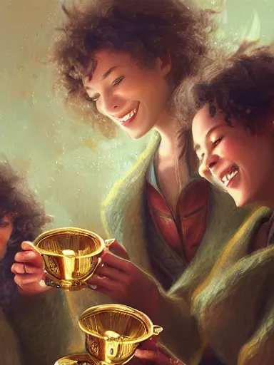 Prompt: a trio, a group of friends rejoicing, cheers with golden cups. intricate, elegant, highly detailed, digital painting, artstation, concept art, sharp focus, illustration, by justin gerard and artgerm, 8 k