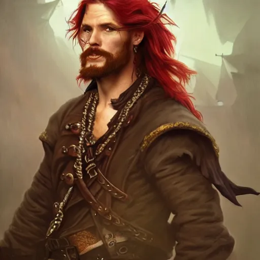 Image similar to portrait of a young pirate, 30 years old, male, ruggedly handsome, masculine, upper body, red hair, long hair, D&D, fantasy, intricate, elegant, highly detailed, cinematic lighting, digital painting, artstation, concept art, cutscene, sharp focus, illustration, art by Artgerm and Greg Rutkowski and Alphonse Mucha