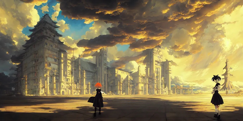 Image similar to baroque acrylic painting of key visual environment concept art, anime maid character sheet, concept design, brutalist fantasy, rule of thirds golden ratio, fake detail, trending pixiv fanbox, palette knife, style of makoto shinkai ghibli takashi takeuchi yoshiyuki sadamoto jamie wyeth james gilleard greg rutkowski chiho aoshima