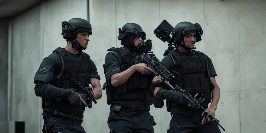 Image similar to vfx film, swat team squad crew, breach and clear, gang house, flat color profile low - key lighting award winning photography arri alexa cinematography, cinematic beautiful natural skin, famous face, atmospheric cool color - grade