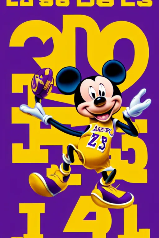 Prompt: los angeles laker lebron james portrays mickey mouse as disney's mascot, 8 0's movie poster, theatrical poster, vibrant fan art, digital art, trending on artstation, minimalist