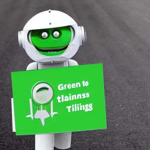 Prompt: a green bot holding a sign written talenting, talenting, with the text talenting