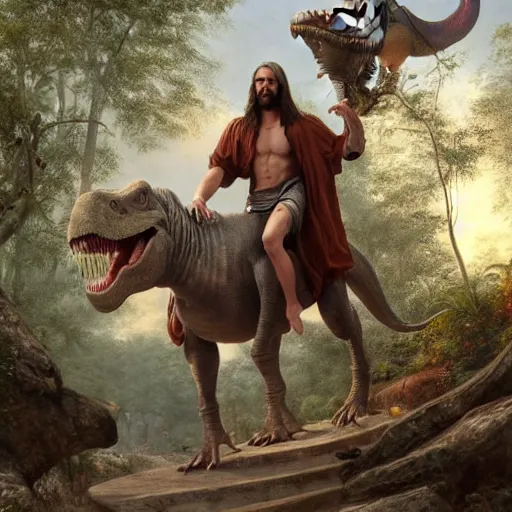 Prompt: a detailed matte painting of a ridiculously good looking jesus who is best friends foreaver with a tyrannosaurus rex, elegant ancient greek dress, jungle as the background, drinking a martini, wearing a jean jacket and a beenie, very detailed, beautiful, intricate, art by greg rutkowski and rembrandt, octane render