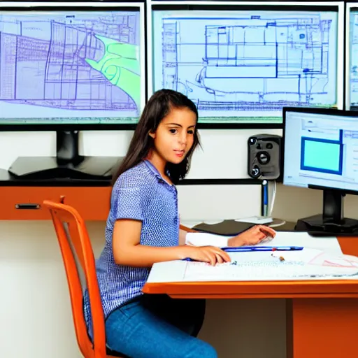 Prompt: a baby girl working CAD computer drafting, civil engineer, sitting at a desk