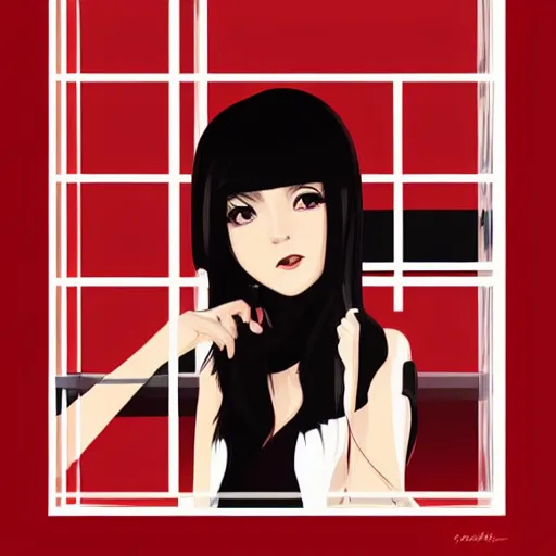 Image similar to a woman with black hair and a red and white background, vector art by Ilya Kuvshinov, featured on deviantart, shock art, ilya kuvshinov, official art, anime