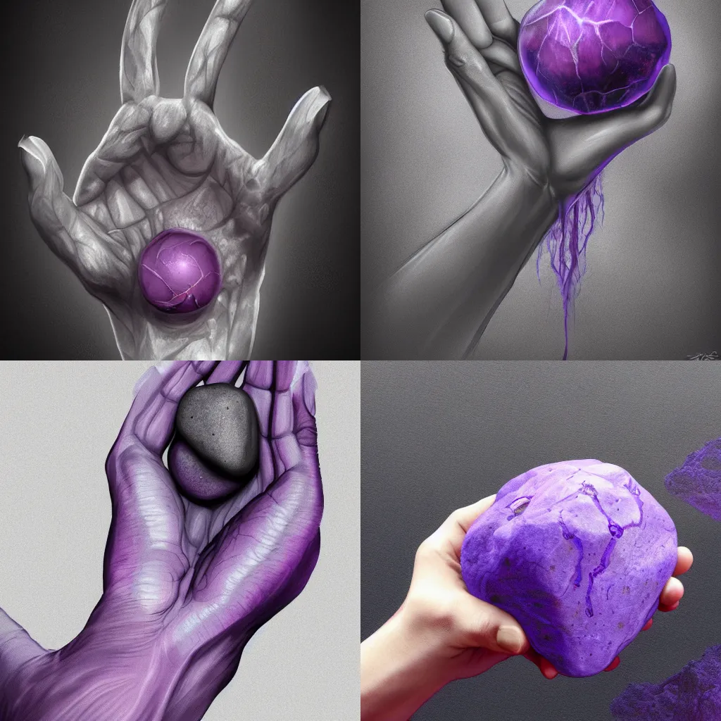 Prompt: a hand holding a grey rock with purple glowibg veins, digital art, highly detailed, trending on artstation, fantasy art