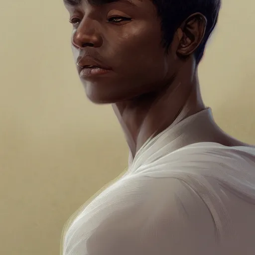 Prompt: ultra realistic illustration, young man with dark gray skin, short white hair, intricate, elegant, highly detailed, digital painting, artstation, concept art, smooth, sharp focus, illustration, art by artgerm and greg rutkowski and alphonse mucha