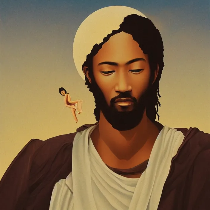 Image similar to UFO hovering over an African Jesus ,painting by Hsiao-Ron Cheng,