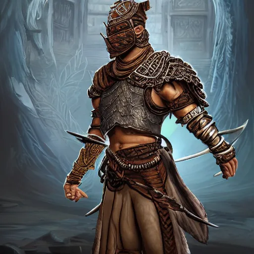 Image similar to D&D rogue character art:: Arabian warrior, intricate ornate armor, half-mask, tattoo, muscle, full body portraits, 35mm, position, cinematic litghing, realism concept art composition, ultra realistic, realism, cinematic, photorealistic, epic scene, low-key lighting, renderman, physically based render, dolby vision, 4k, super detailed, 8K, fantasy, detailed painting, long neck, long anatomy, mixed up, extra anatomy, style of charlie bowater, tom bagsgaw, artgerm, rule of thirds