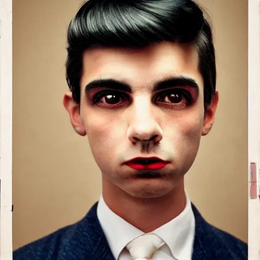 Image similar to a fine art portrait of a young man with black hair that is shorter on the sides, and asymmetrical eyebrows so that one eyebrow is bigger than the other eyebrow. Bags under his eyes. In the style of Stanley Kubrick and Wes Anderson, Art directed by Edward Hopper.
