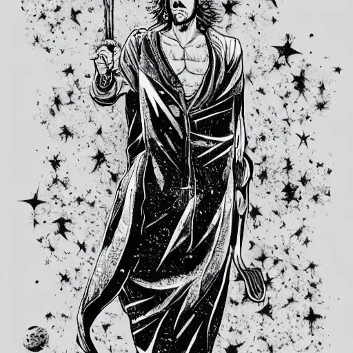 Prompt: black and white pen and ink!!!!!!! MAPPA designed Ryan Gosling wearing cosmic space robes made of stars final form flowing royal hair golden!!!! Vagabond!!!!!!!! floating magic swordsman!!!! glides through a beautiful!!!!!!! Camellia!!!! Tsubaki!!! flower!!!! battlefield dramatic esoteric!!!!!! Long hair flowing dancing illustrated in high detail!!!!!!!! by Moebius and Hiroya Oku!!!!!!!!! graphic novel published on 2049 award winning!!!! full body portrait!!!!! action exposition manga panel black and white Shonen Jump issue by David Lynch eraserhead and beautiful line art Hirohiko Araki!! Rossetti, Millais, Mucha, Jojo's Bizzare Adventure