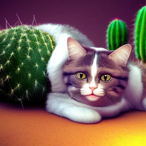 Image similar to A cat with a cactus, hyperrealistic 8K atmospheric render, very detailed