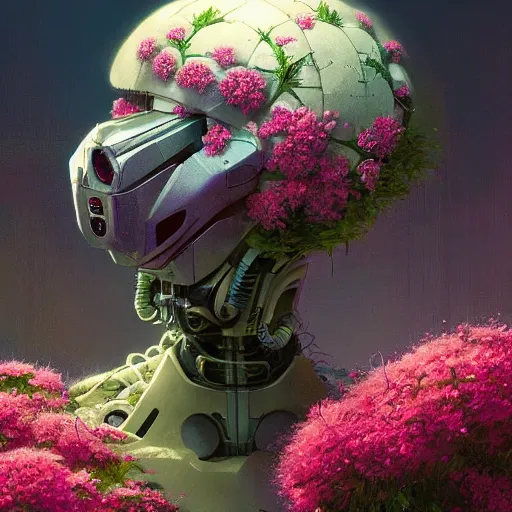 Image similar to highly detailed surreal vfx portrait of a bipedal robot head with flowers growing out of the top, stephen bliss, unreal engine, greg rutkowski, loish, rhads, beeple, makoto shinkai and lois van baarle, ilya kuvshinov, rossdraws, tom bagshaw, global illumination, detailed and intricate environment