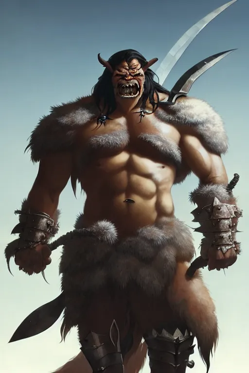 Image similar to orc barbarian wearing leather armor, full body shot, exquisite details, earth magic, mid view, design on a white background, by greg rutkowski, makoto shinkai, takashi takeuchi, studio ghibli