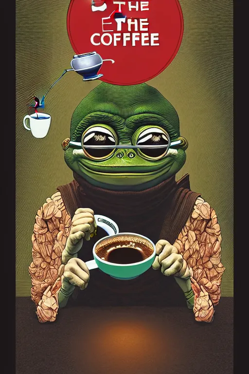 Prompt: pepe the frog drinking coffee, dynamic lighting, rotary symmetrical, 8 0 0 mm, unreal, depth detailed, by bambang nurdianshyah, garis edelweiss, roby dwi antono and ayami kojima, takato yamamoto, barclay shaw, karol bak, yukito kishiro, norman rockwell.