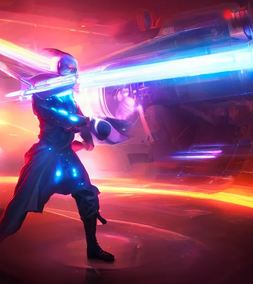 Image similar to a man in a holographic cloak firing a mechanical gatling gun, character splash art, fighting pose, action pose, digital painting, WLOP, trending on artstation, 8k, epic composition, highly detailed, sharp focus