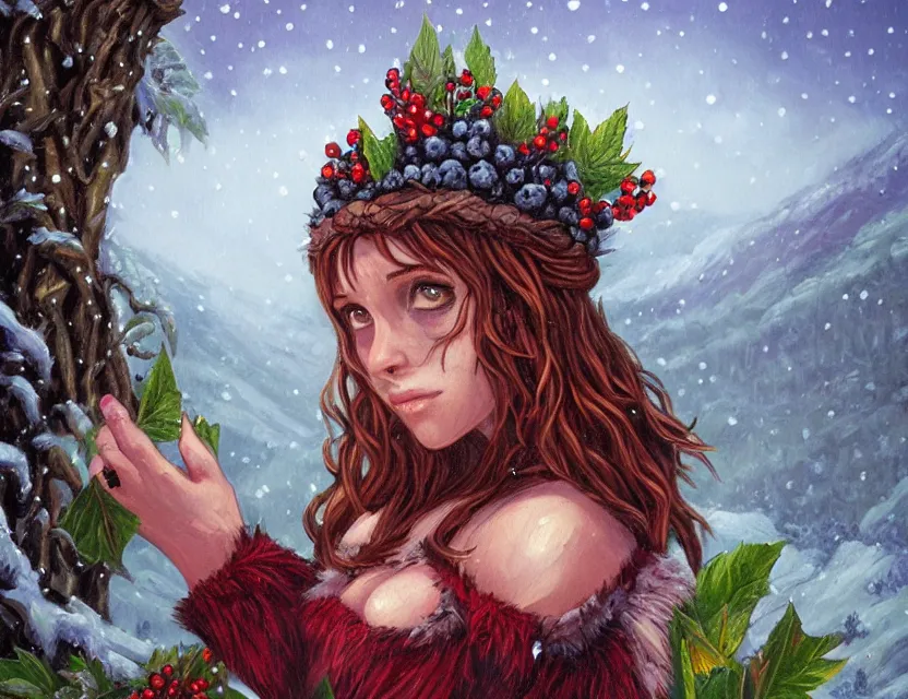 Prompt: berry priestess of the snowy mountains. oil painting by award - winning indie comic book artist, chiaroscuro, intricate details, bokeh, backlighting, field of depth, safe for work