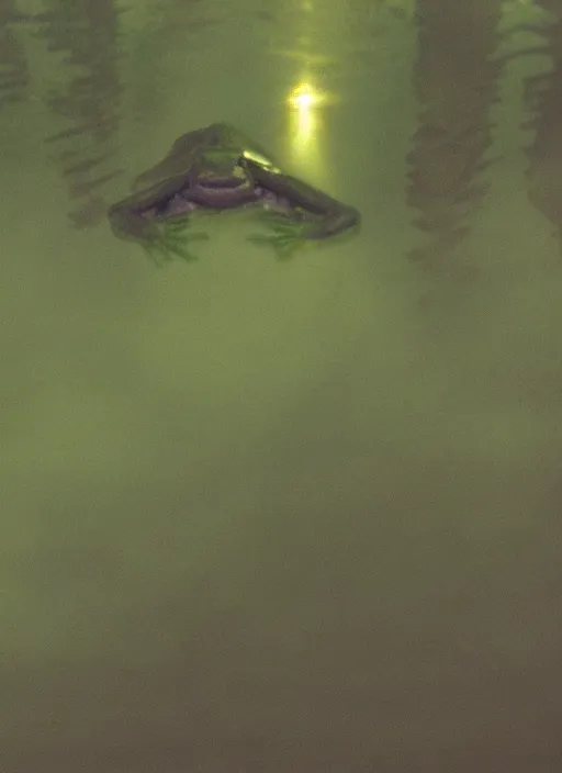 Image similar to semi translucent smiling frog amphibian hovering over misty lake in Jesus Christ pose, cinematic shot by Andrei Tarkovsky, paranormal, spiritual, mystical