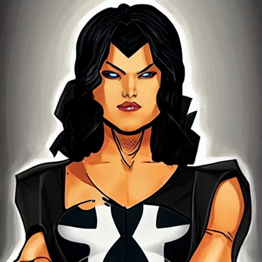 Image similar to Domino from Marvel Comics with Mia Khalifia face,