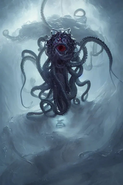 Prompt: art masterpice, demonic tentacled cthulu descending from the clouds, intricate, beautiful cinematic lighting, stunning painting by artgerm, caravaggio, android jones, wadim kashin