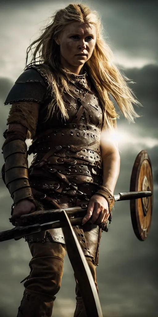 Image similar to a photograph of viking shield maiden in the battlefield, action movie, movie still, cinematic, filmic, dramatic, volumetric light