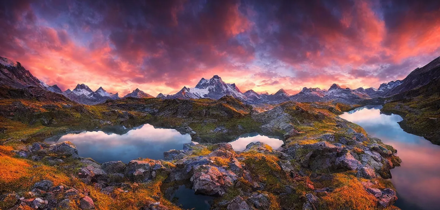 Image similar to amazing landscape photo of mountains with lake in sunset by marc adamus, beautiful dramatic lighting