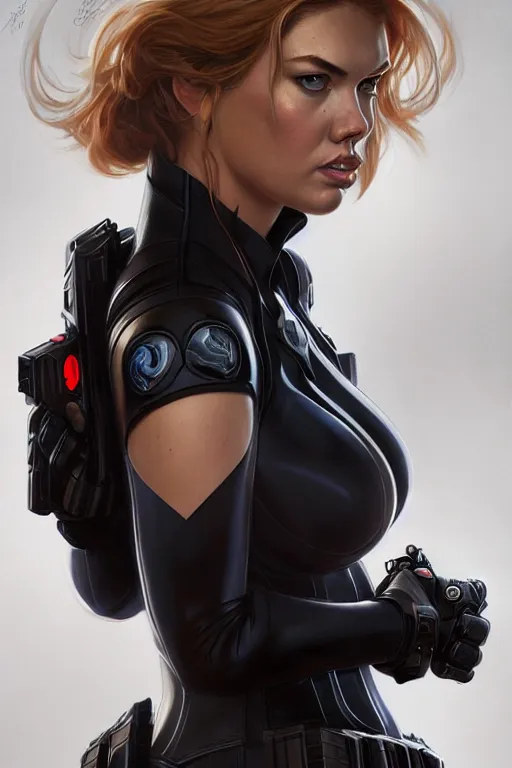 Image similar to kate upton as black widow, realistic portrait, symmetrical, highly detailed, digital painting, artstation, concept art, smooth, sharp focus, illustration, cinematic lighting, art by artgerm and greg rutkowski and alphonse mucha