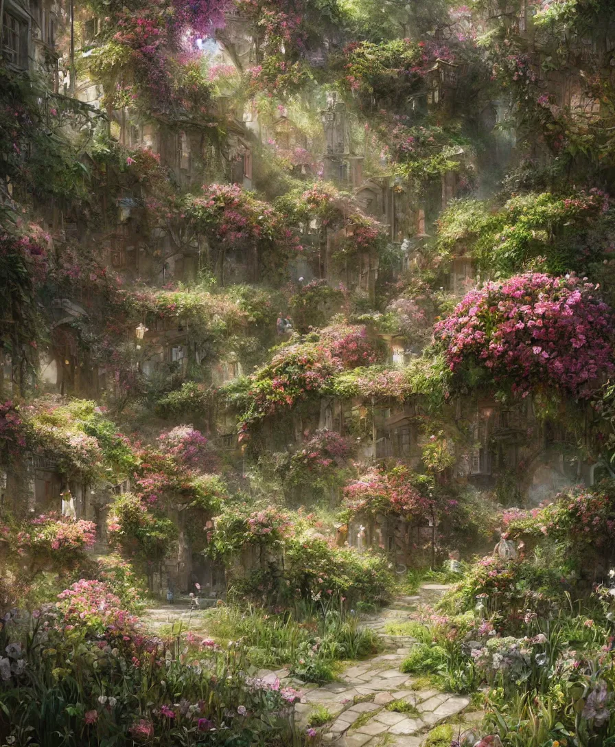 Image similar to Hyperrealistic Secret flower garden, fantasy, highly detailed, digital painting, trending artstation, concept art, illustration, art by Greg Rutkowski, octane render