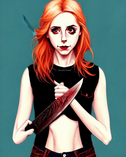 Image similar to loish, artgerm, Joshua Middleton art, pretty female Alison Brie serial killer holding bloody knife, blood on clothes and face, sarcastic smile, symmetrical eyes, symmetrical face, full body, jean jacket, jeans, short blonde hair, middle shot, night time, deep blacks