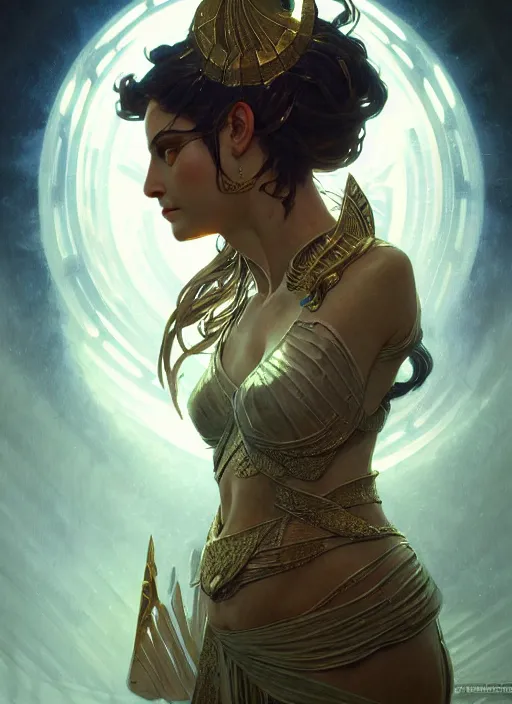 Image similar to ! dream the godess hera looking angry, paper armor, volumetric lights, dystopian,, intricate, elegant, highly detailed, digital painting, artstation, concept art, smooth, sharp focus, illustration, art by artgerm and greg rutkowski and alphonse mucha