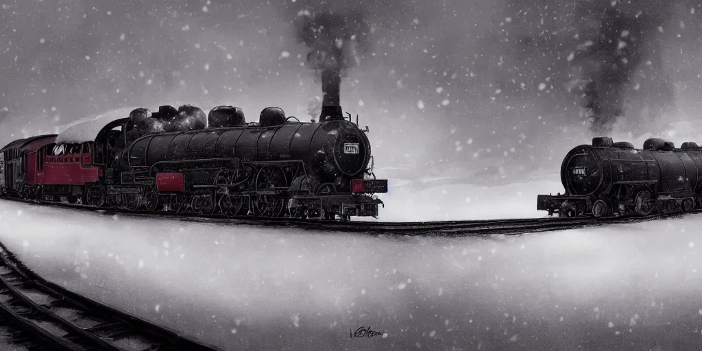 Image similar to ultra realistic illustration, a heavy steam train in the snow under a blizzard, snow landscape, elegant, highly detailed, artstation, concept art, smooth, sharp focus, moody, dramatic lighting