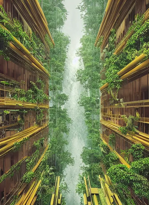 Image similar to “beautiful Amazon forest architecture building , the building is in a forest while there’s a heavy storm, luxury architecture, architecture digest, raining environment, bright tones, fluorescent lighting,volumetric Lighting, photorealism, high detail, golden ratio, cinematic, octane renderer”