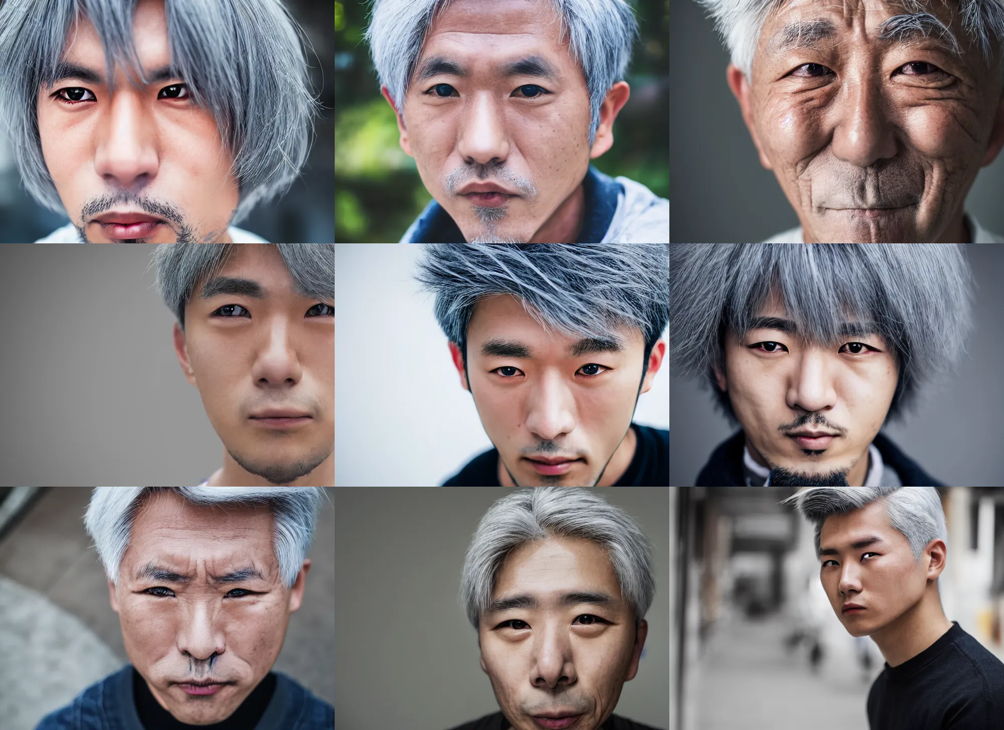 Prompt: gray - haired young guy, face anime portrait, genshin, very close shot, high distortion, 8 k