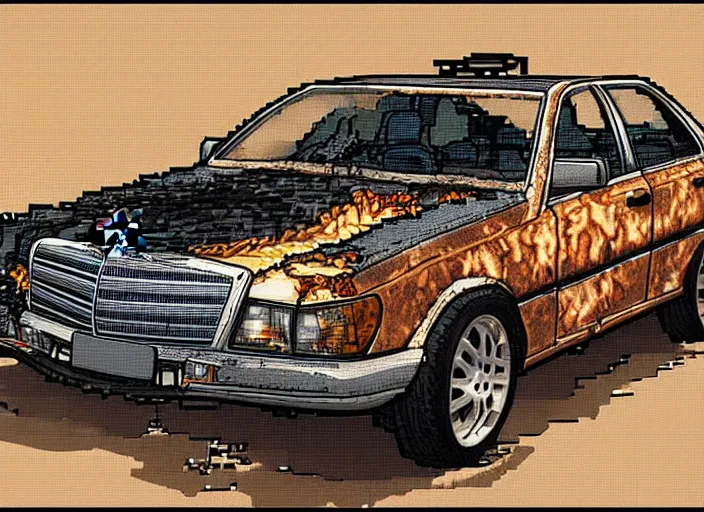 Image similar to burning wrecked mercedes 1 2 4, pixelart by kirokaze, award winning. dramatic. trending on artstation. very low quality, low resolution sync by honeybunny