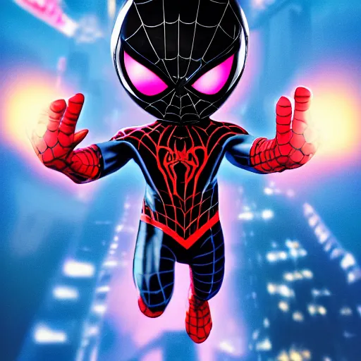 Image similar to spiderman miles morales with pink suit and yellow glowing eyes, and alien ears, comic style cinema c 9. 0