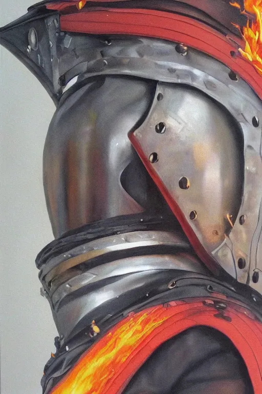 Image similar to hyperrealism oil painting, close-up portrait of medieval euopean fashion model, knight, steel gradient mixed with fire sky, in style of baroque mixed with 70s japan book art